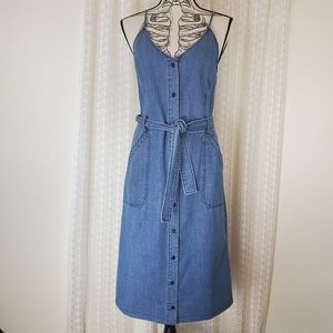 Current Air Blue Chambray Denim Midi Dress Buttons Waist Tie Size Small